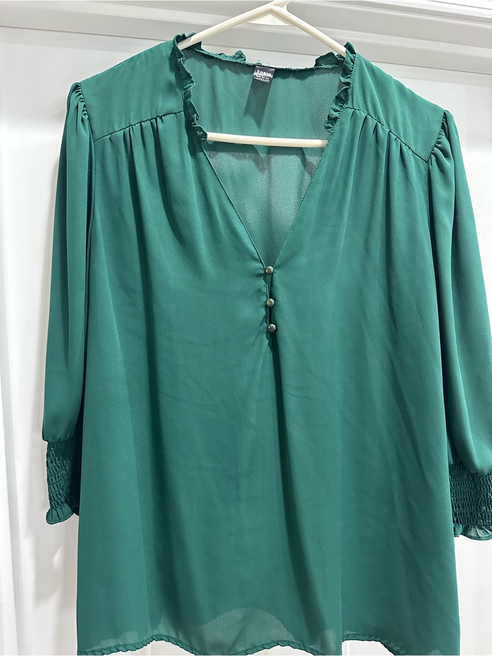 SHEIN Teal Green V-Neck Blouse with Ruffle Collar